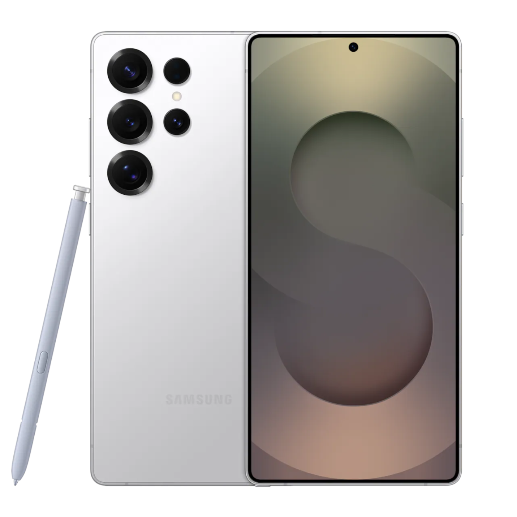 Samsung smartphone with stylus on a white background
